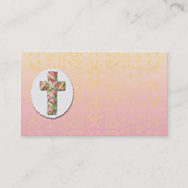 Floral Cross Peach Damask Template Business Card (Front)