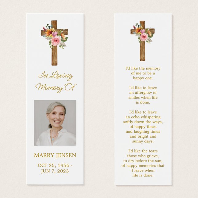 Floral Cross Photo Funeral Bookmark (Front & Back)