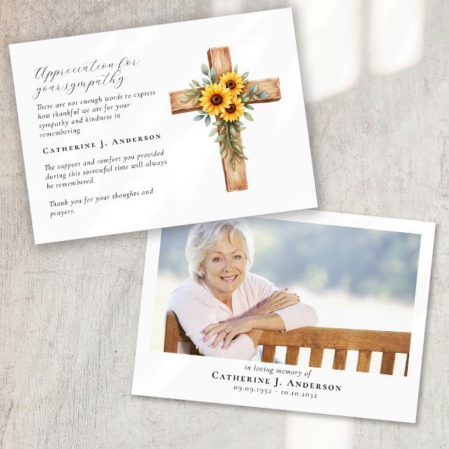 Floral Cross Photo Sympathy Funeral Memorial Thank You Card (Creator Uploaded)