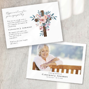 Floral Cross Photo Sympathy Funeral Memorial Thank You Card