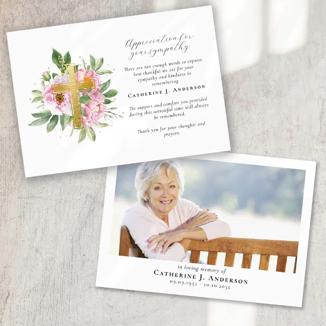 Floral Cross Photo Sympathy Funeral Memorial Thank You Card | Zazzle