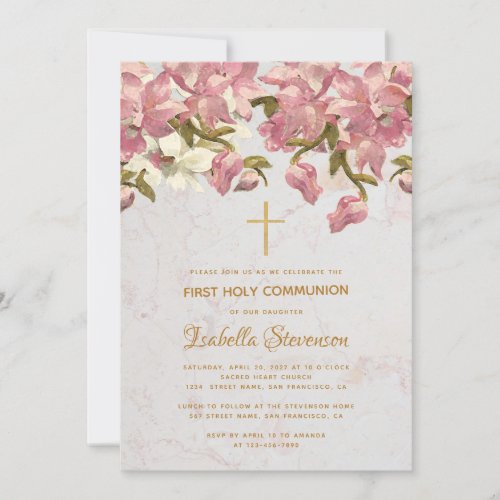 Floral Cross Pink Orchids Marble First Communion Invitation