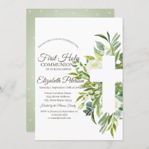 Floral Cross Polka Dots First Holy Communion Invitation