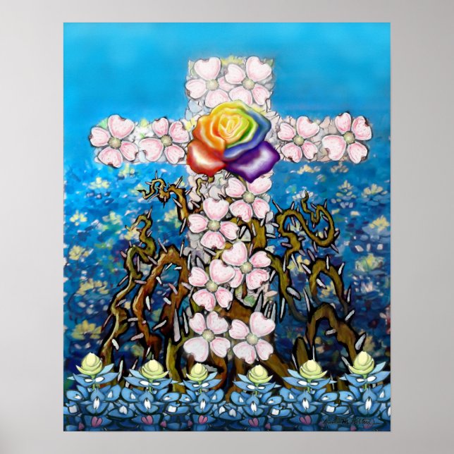 Floral Cross Rainbow Rose Poster (Front)