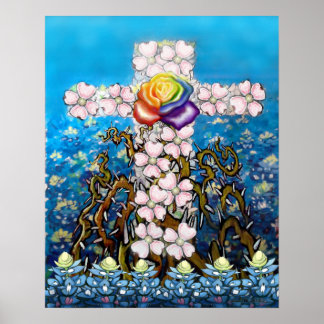 Floral Cross Rainbow Rose Poster
