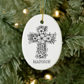Floral Cross Religious Create Your Own Keepsake Ceramic Ornament
