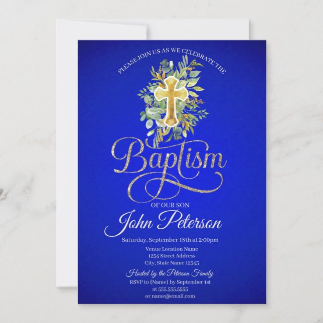  Floral Cross Royal Blue Baptism Invitation (Front)