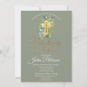 Floral Cross Sage Green Baptism Invitation