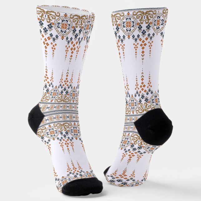 Floral Cross Stitch embroidery Ethnic Design Socks (Angled)