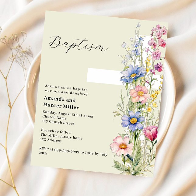 Floral cross twins sage green Baptism invitation (Creator Uploaded)