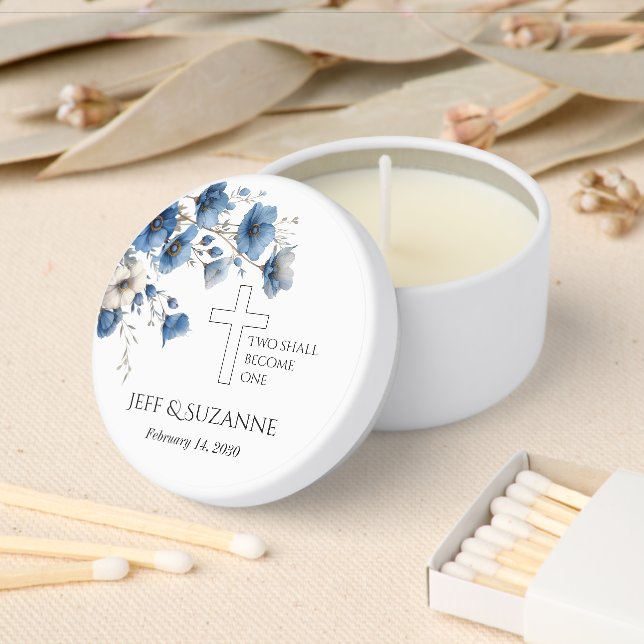 Floral Cross Two Become One Blue Wedding  Mini Candle Favors (Insitu)