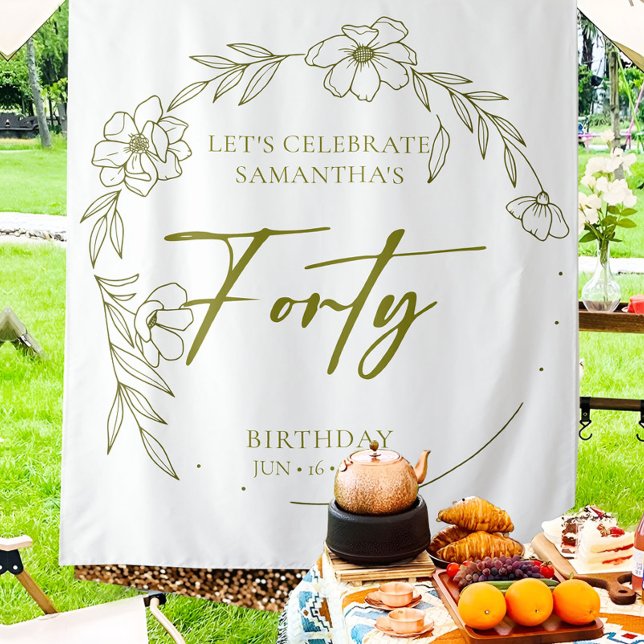 Floral Crown 40th Birthday Party Backdrop Tapestry (Creator Uploaded)