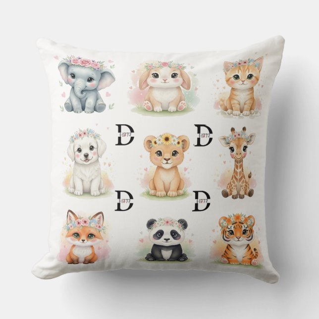 Floral Crown Baby Animals & Wreaths Double-Sided T Throw Pillow (Front)