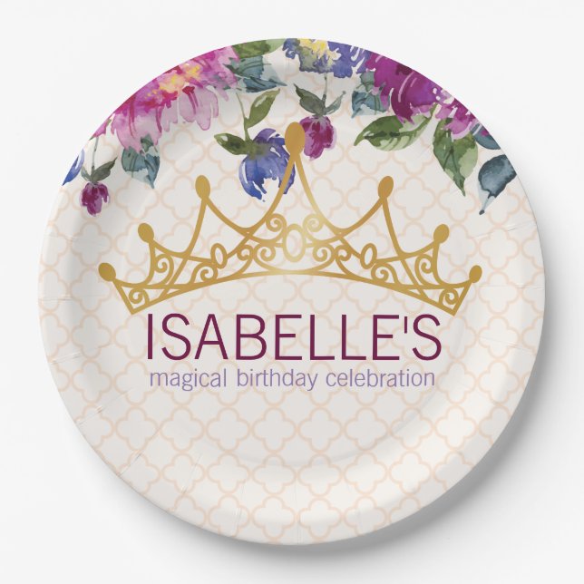 Floral Crown Chic Birthday design Paper Plates (Front)