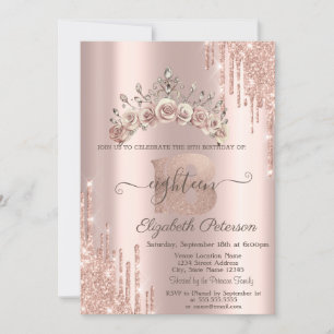 Floral Crown Glitter Drips Rose Gold 18th Invitation