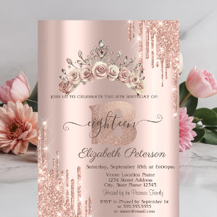 Floral Crown Glitter Drips Rose Gold 18th Invitation