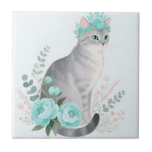 Floral Crown Gray Cat Ceramic Tile