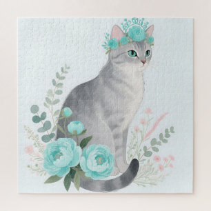 Floral Crown Gray Cat Jigsaw Puzzle
