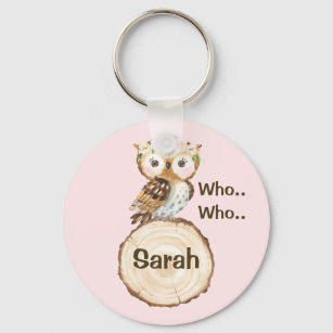 Floral Crown Owl And Wood Slice Personalized Keychain