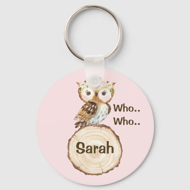 Floral Crown Owl And Wood Slice Personalized Keychain (Front)