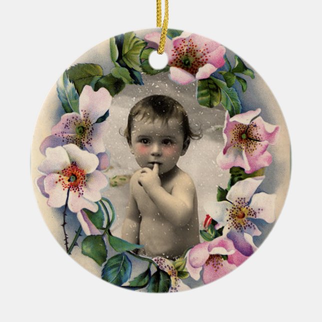 FLORAL CROWN,WILD ROSES BABY SHOWER PHOTO TEMPLATE CERAMIC ORNAMENT (Front)