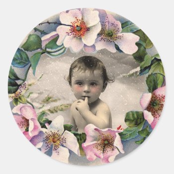 Floral Crown Wild Roses Baby Shower Photo Template Classic Round Sticker by bulgan_lumini at Zazzle