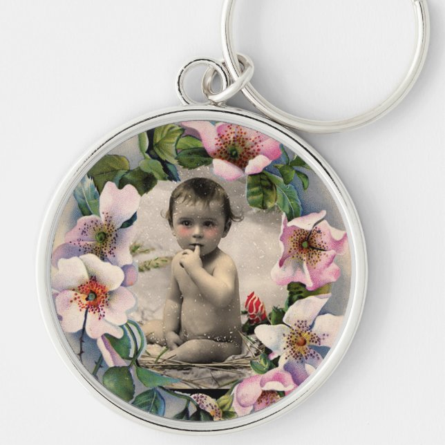 FLORAL CROWN,WILD ROSES BABY SHOWER PHOTO TEMPLATE KEYCHAIN (Front)