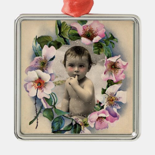FLORAL CROWNWILD ROSES BABY SHOWER PHOTO TEMPLATE METAL ORNAMENT