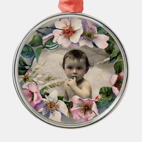 FLORAL CROWNWILD ROSES BABY SHOWER PHOTO TEMPLATE METAL ORNAMENT