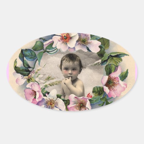 FLORAL CROWNWILD ROSES BABY SHOWER PHOTO TEMPLATE OVAL STICKER