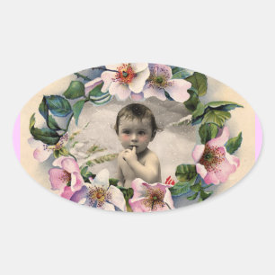 FLORAL CROWN,WILD ROSES BABY SHOWER PHOTO TEMPLATE OVAL STICKER