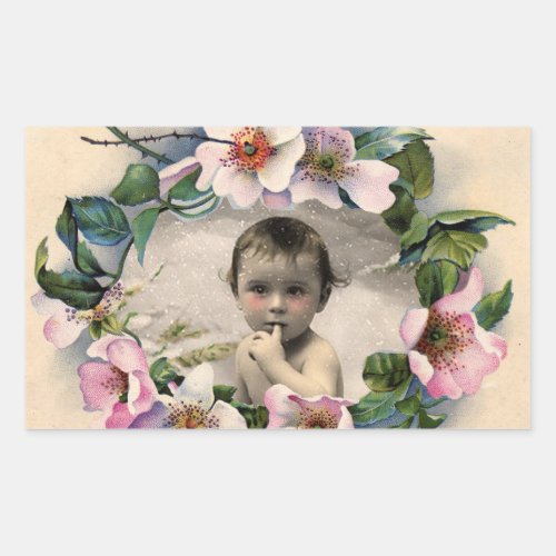 FLORAL CROWNWILD ROSES BABY SHOWER PHOTO TEMPLATE RECTANGULAR STICKER