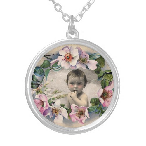 FLORAL CROWNWILD ROSES BABY SHOWER PHOTO TEMPLATE SILVER PLATED NECKLACE