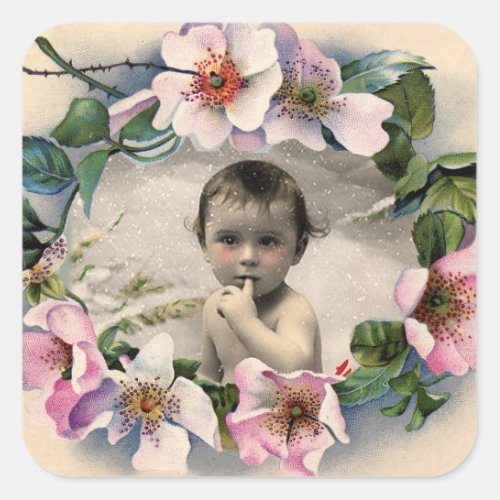 FLORAL CROWNWILD ROSES BABY SHOWER PHOTO TEMPLATE SQUARE STICKER