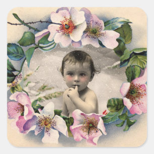 FLORAL CROWN,WILD ROSES BABY SHOWER PHOTO TEMPLATE SQUARE STICKER