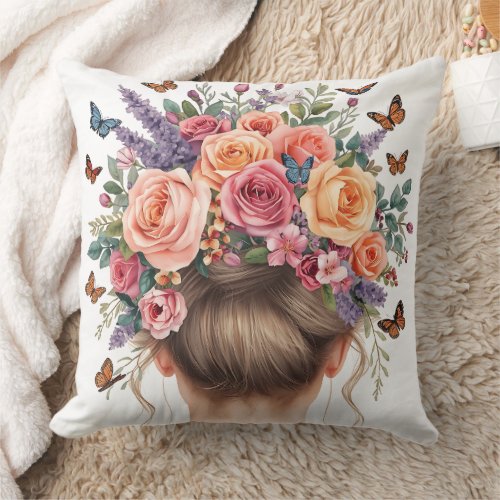 Floral Crown Woman with Roses and Butterflies Wate Throw Pillow