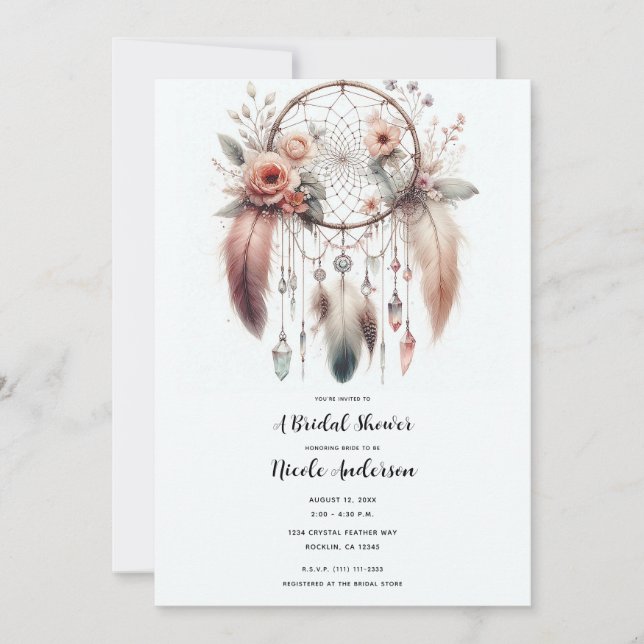 Floral Crystal Feather Dreamcatcher Boho Bridal  Invitation (Front)