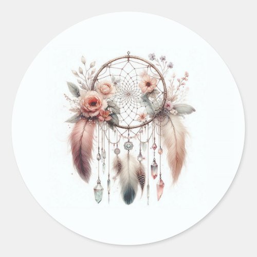 Floral Crystal Feather Dreamcatcher Boho Sweet 16 Classic Round Sticker