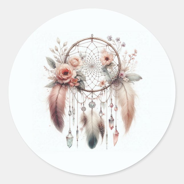 Floral Crystal Feather Dreamcatcher Boho Sweet 16 Classic Round Sticker (Front)