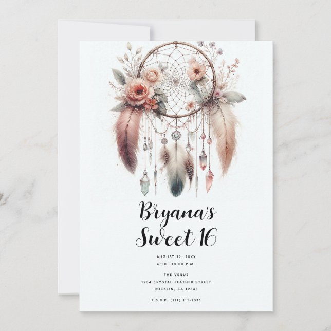Floral Crystal Feather Dreamcatcher Boho Sweet 16 Invitation (Front)
