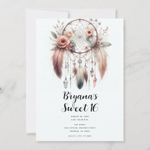 Floral Crystal Feather Dreamcatcher Boho Sweet 16 Invitation