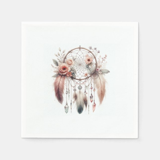 Floral Crystal Feather Dreamcatcher Boho Sweet 16 Napkins (Front)