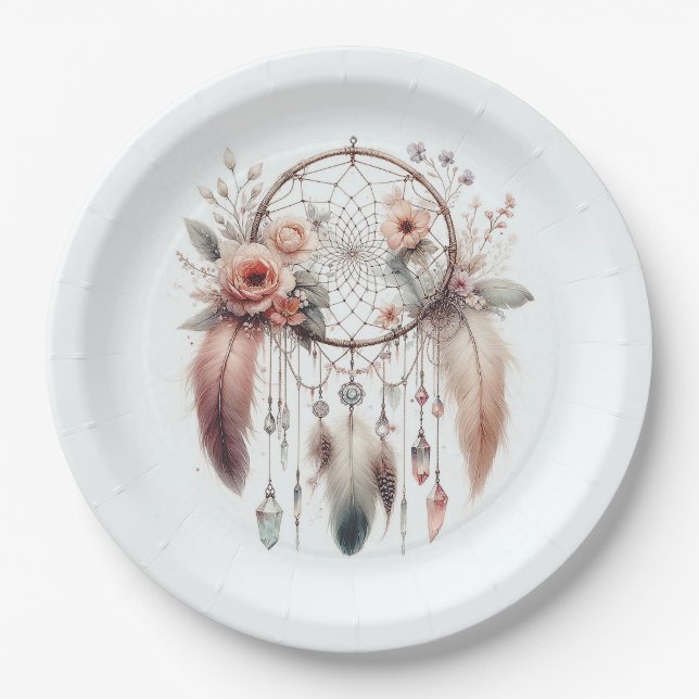 Floral Crystal Feather Dreamcatcher Boho Sweet 16 Paper Plates (Front)