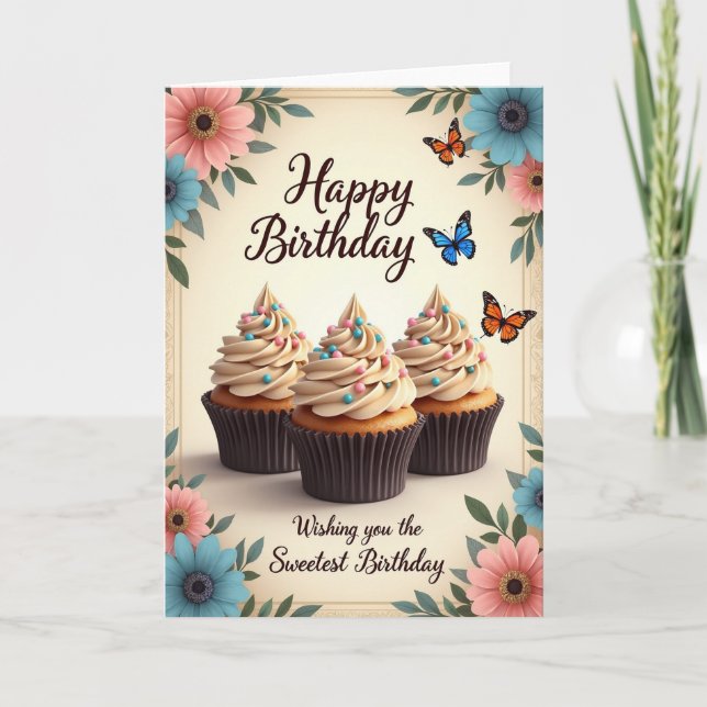Floral Cupcake Birthday Card (Front)