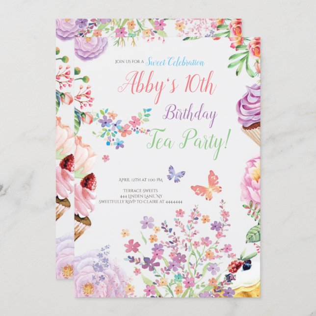 Floral Cupcake Birthday Tea Party Invitation (Front/Back)