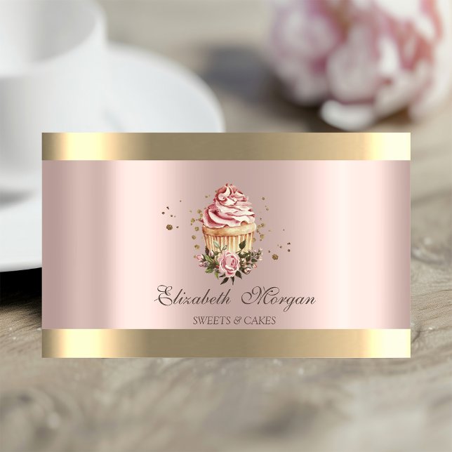 Floral Cupcakes Gold Stripe Rose Gold Bakery Business Card (Creator Uploaded)