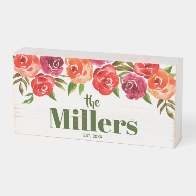 Floral Custom Family Wooden Box Sign (Angled Horizontal)