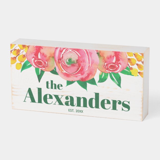 Floral Custom Family Wooden Box Sign (Angled Horizontal)