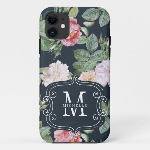 Floral Custom Monogram Pink Roses Butterflies Chic iPhone 11 Case