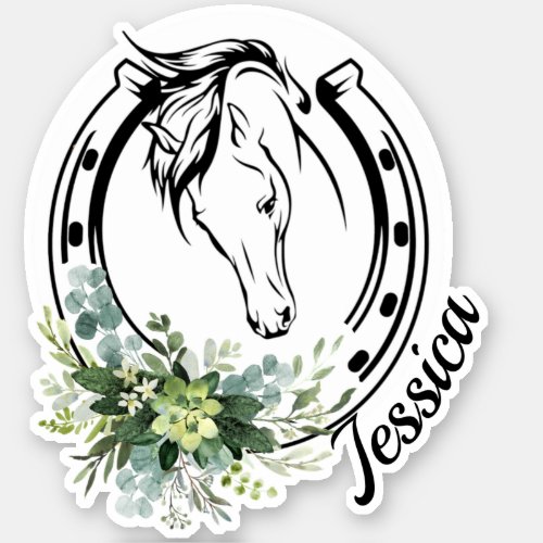 Floral Custom Name Horse Equestrian Horseshoe  Sticker